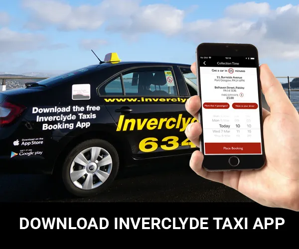 Hand holding a smartphone displaying the Inverclyde Taxis logo in front of a black Inverclyde Taxi vehicle, with text reading DOWNLOAD INVERCLYDE TAXI APP