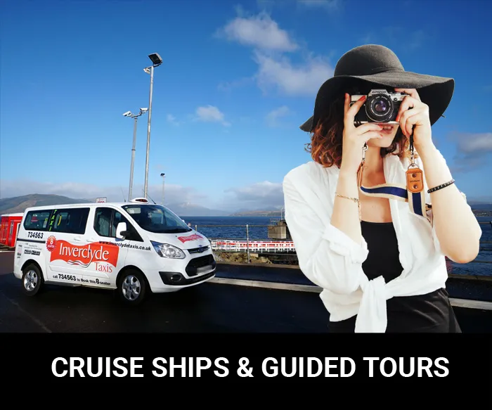 white Inverclyde Taxis 8-seater van by the water, with text reading CRUISE SHIPS & GUIDED TOURS