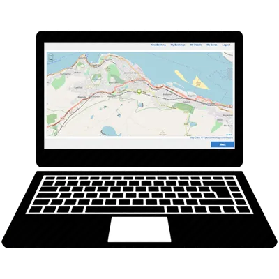 Laptop graphic displaying an online taxi booking system interface with an interactive street map
