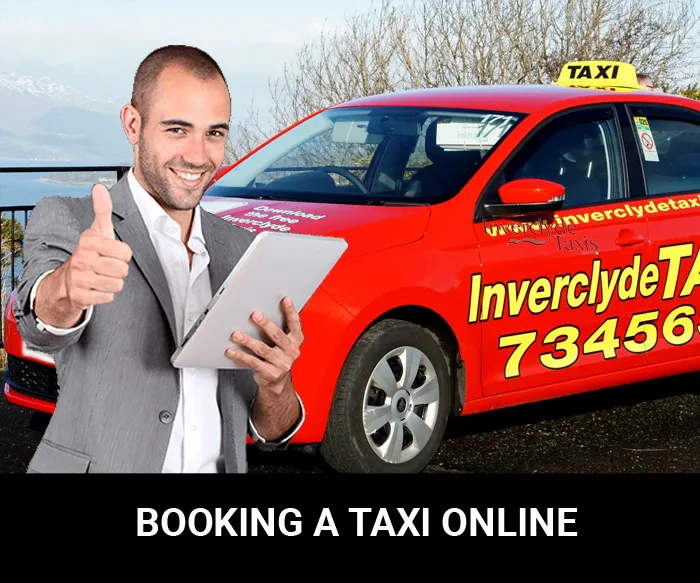 Smiling man in a grey suit giving a thumbs-up while holding a tablet in front of a red Inverclyde Taxi, with text reading BOOKING A TAXI ONLINE