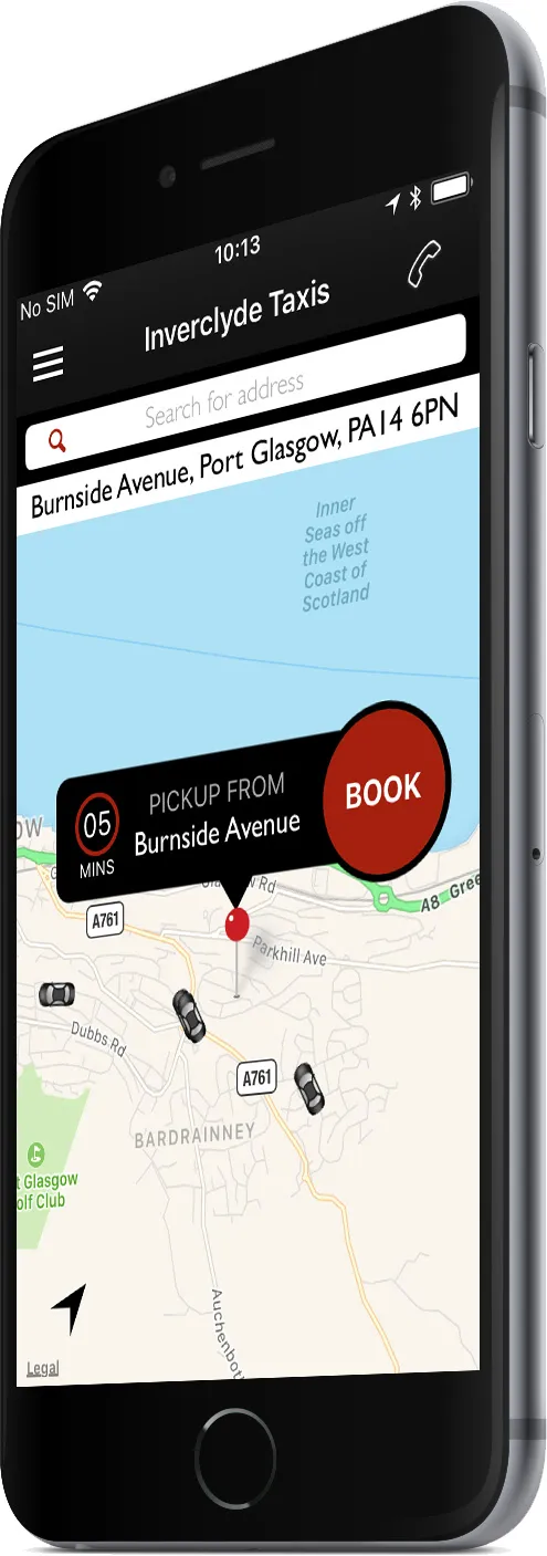 Smartphone angled view displaying the Inverclyde Taxis booking app interface on screen