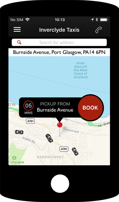 Smartphone graphic displaying the Inverclyde Taxis mobile app interface with a pickup location map and a red Book button